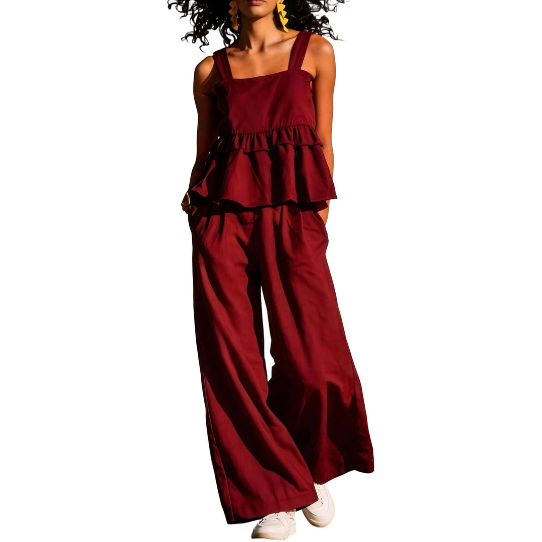 2 Piece Summer Sets for Women Ruffle Casual Summer Sleeveless Peplum Top and Wide Leg Pants Sets for Leisure workable