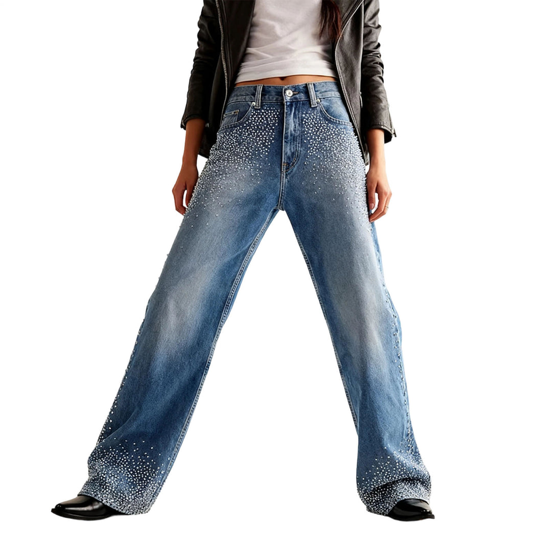 Rhinestone Jeans for Women Straight Leg Casual Palazzo Pants Loose Fit Mid Rise Trousers for Travel Dating enhanced