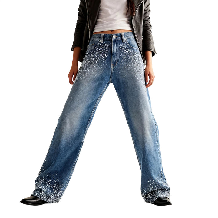 Rhinestone Jeans for Women Straight Leg Casual Palazzo Pants Loose Fit Mid Rise Trousers for Travel Dating enhanced