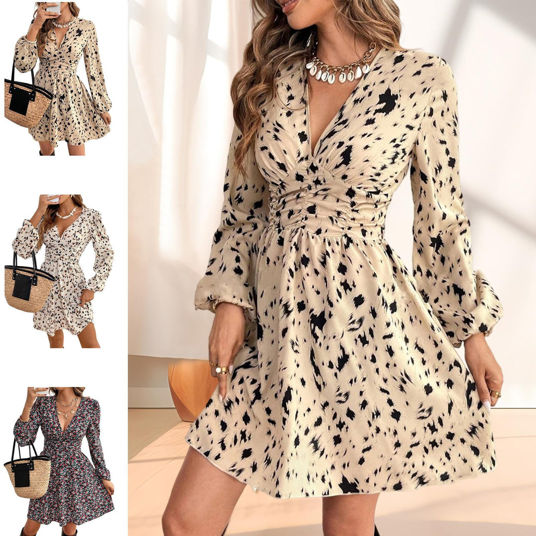 Long Sleeve Short Dress for Women V Neck Bohemian Floral Dress Lantern Sleeves for Dating Travel Vacation charming
