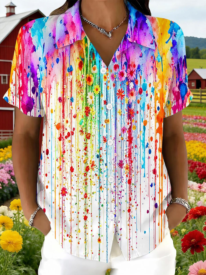 Rainbow Tie Dye Paint Splatter Floral Women's Short Sleeve Shirts
