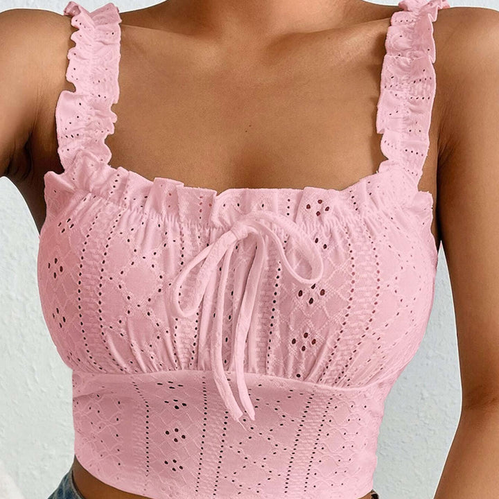 Eyelet Tank Tops for Women Ruffle Ruched Sleeveless Square Neck Tie Front Bust Crop Camisole Tops for Travel excellent