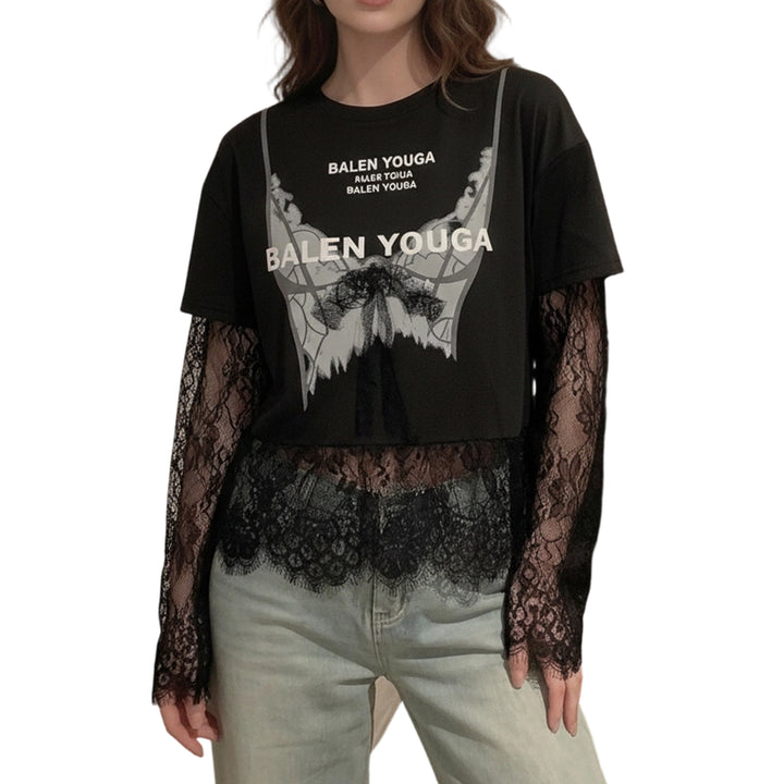 Lace Tshirt for Women Lace Splicing Long Sleeve Shirts Blouse Crew Neck Casual Layered Tee for Vacation Party superb