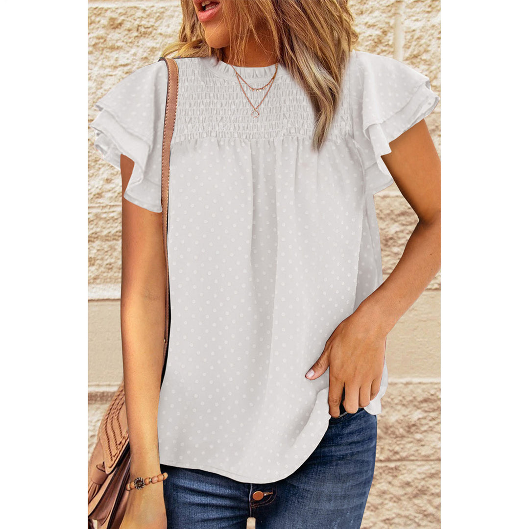Womens Ruffle Short Sleeve Blouse Dot Smocked Crewneck Summer Flowy Chiffon Shirts Pullover Tops for Travel expedient