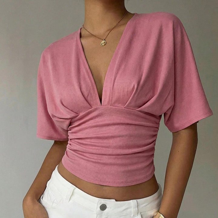 Cinch Waist Tops for Women Ruched Deep V Neck Crop Tops Sexy Summer T Shirts Short Sleeve for Travel Dating original