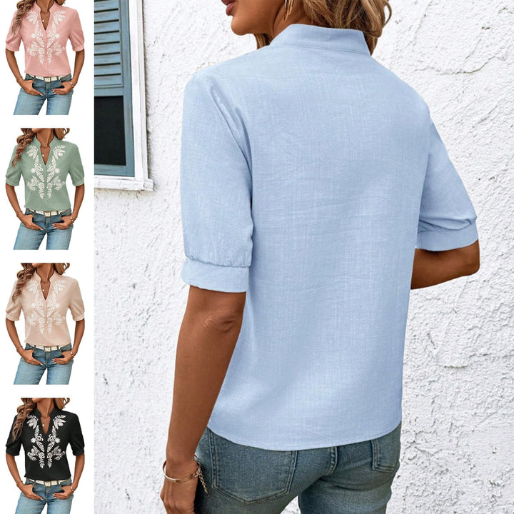 Embroidered Blouses for Women V Neck Floral Embroidered Top Short Sleeve Blouses Fashion Clothes for Travel generous