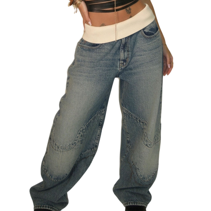 Womens Low Rise Baggy Jeans Fold-Over Elastic Waist Wide Leg Jeans Denim Pants Loose Fit Trousers for Club appropriate