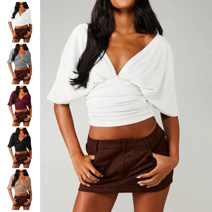 Dolman Sleeve Cinched Waist Top Deep V Neck Side Ruched Sexy Dolman Sleeve Blouses Going Out Tops for Leisure innate