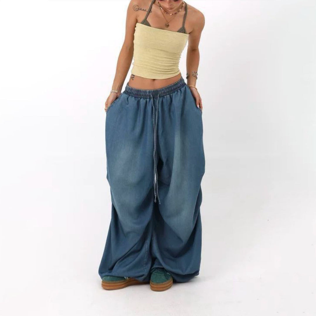 Womens Elastic Waist Jeans Low Rise Vintage Baggy Barrel Jeans Streetwear Loose Fit Denim Pants for Travel candid