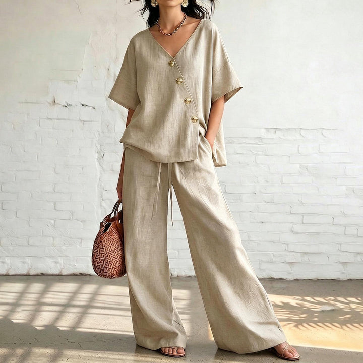 ⏰🔥LIMITED TIME 50% OFF! 💖 Women's Cozy & Elegant Metal Buttons Cotton-Linen Two-Piece Set