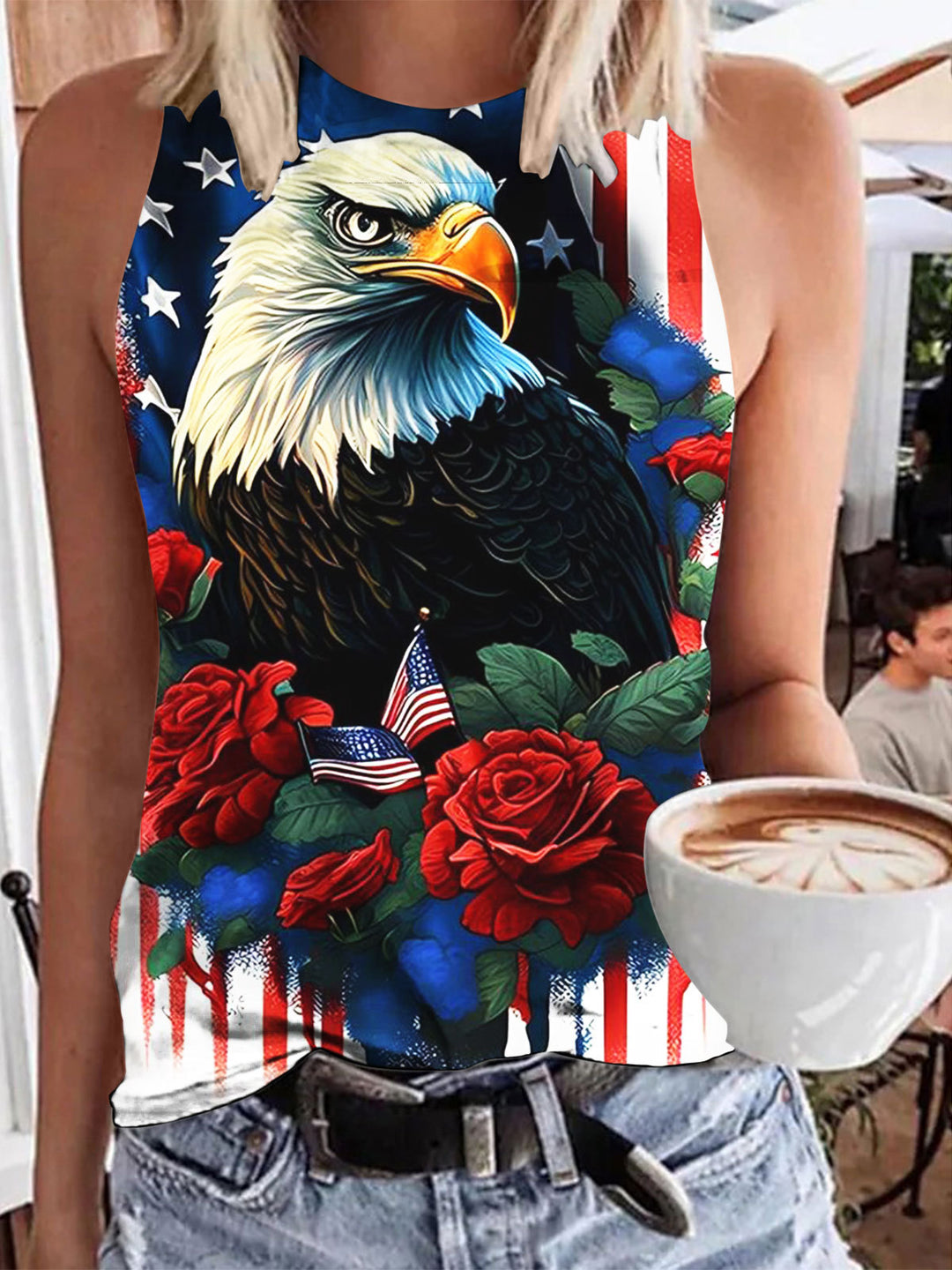 Eagle American Flag Floral Print Casual Tank Top