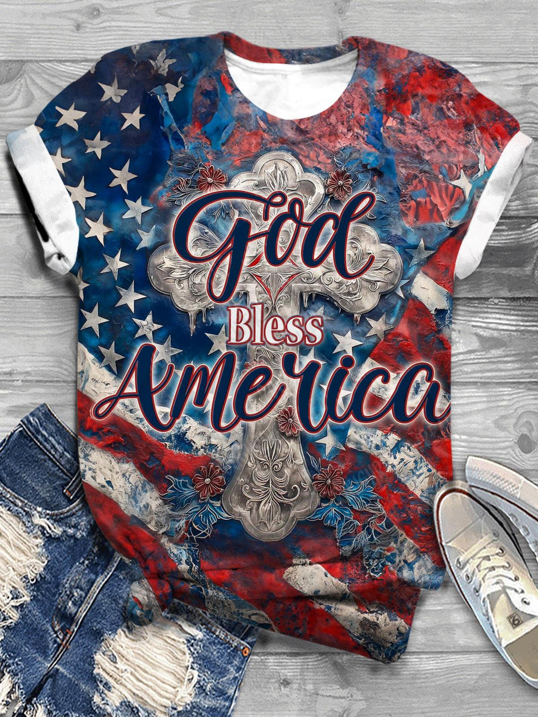 God Bless America Cross Crew Neck T-shirt