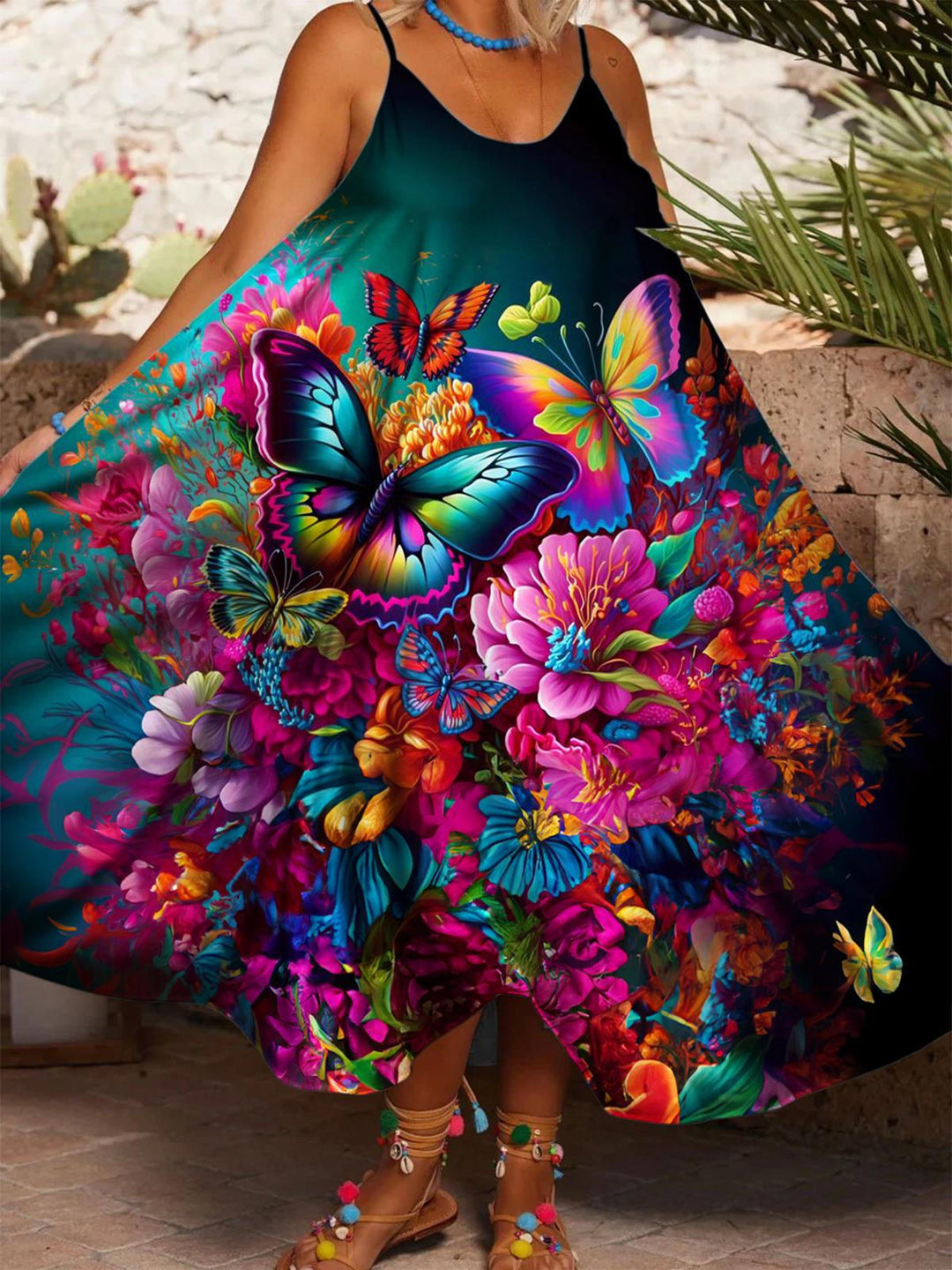 Bright Color Butterflies Print Casual Spaghetti Strap Dress