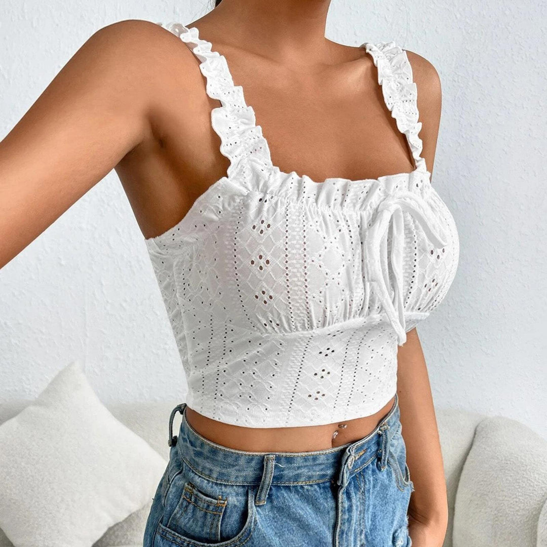 Eyelet Tank Tops for Women Ruffle Ruched Sleeveless Square Neck Tie Front Bust Crop Camisole Tops for Travel excellent