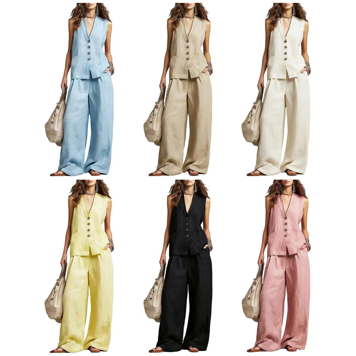 Womens Vest and Pants Set Two Piece Button Down Vest Top and Wide Leg Pants Casual Outfits for Work Travel ideal