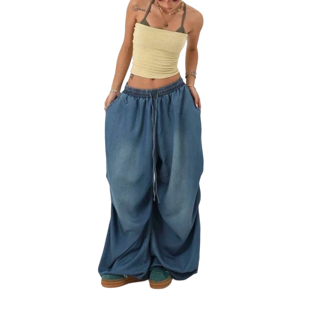 Womens Elastic Waist Jeans Low Rise Vintage Baggy Barrel Jeans Streetwear Loose Fit Denim Pants for Travel candid