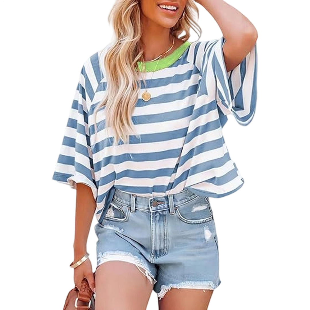 Striped Shirt Women Crew Neck Fashion Casual T Shirts Loose Fit Basic Tops for Travel Going Out Commuting approving