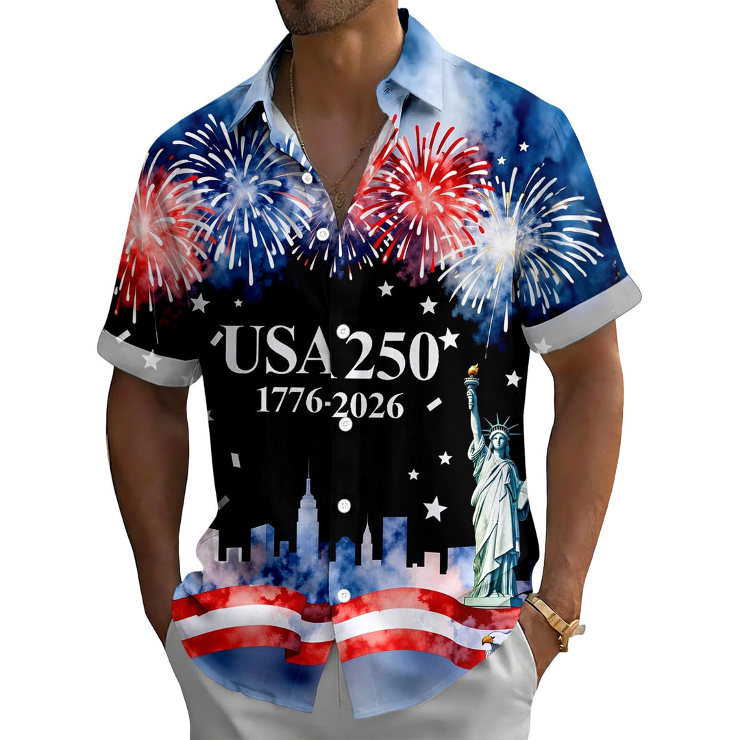 Patriotic Button Up Shirts For Men 250 Years Flag Lapel Short Sleeve Casual Trendy Hawaiian Shirts for Travel respectable