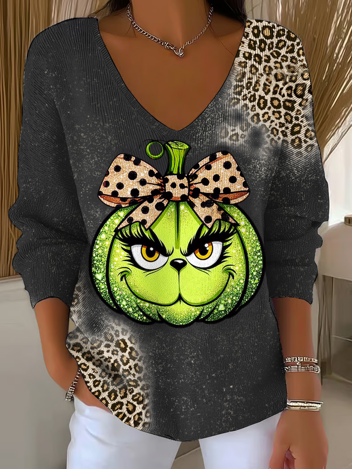Funny Christmas Leopard Pumpkin Casual V Neck Pullover Sweater