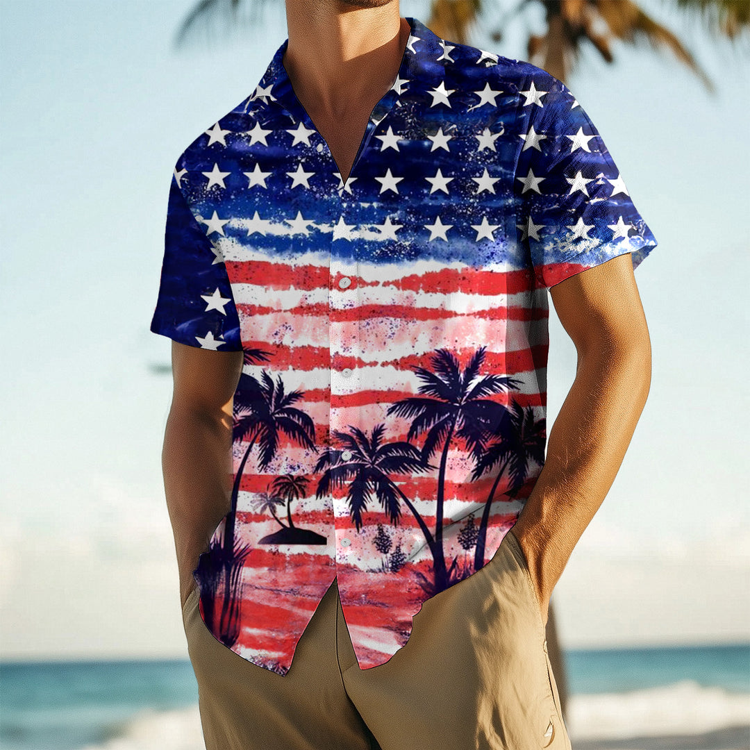 Mens Patriotic Button Down Shirts American Flag Short Sleeve Casual Button Up Hawaiian Shirts for Vacation polite