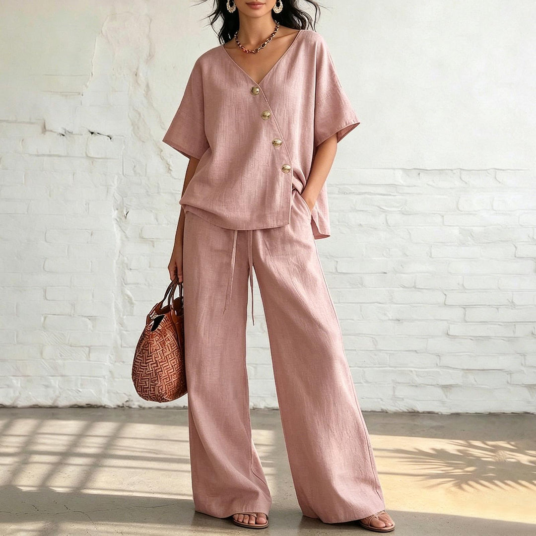 ⏰🔥LIMITED TIME 50% OFF! 💖 Women's Cozy & Elegant Metal Buttons Cotton-Linen Two-Piece Set