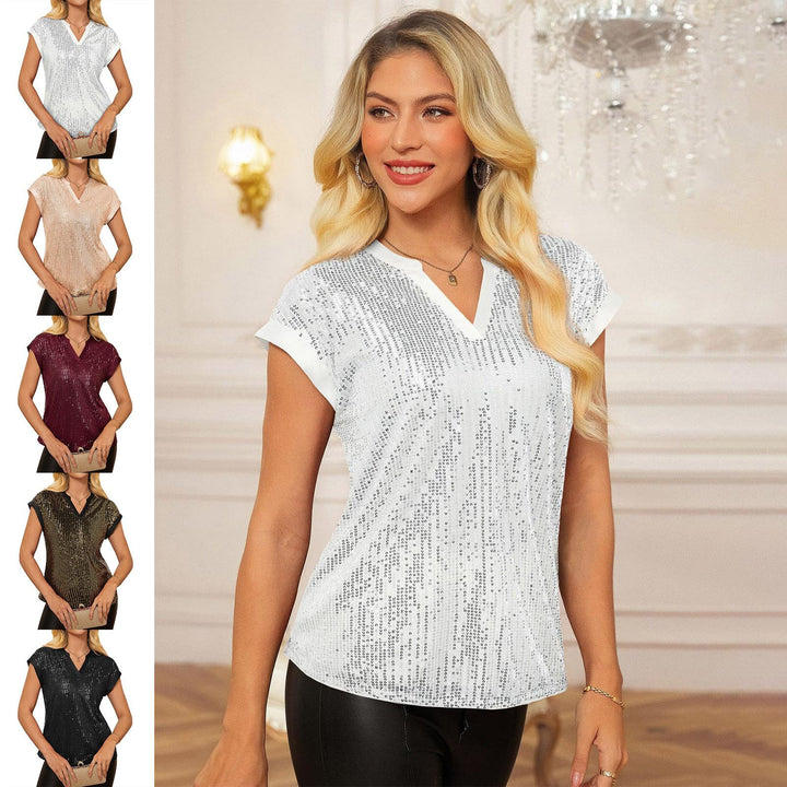 Sequin Shirts for Women V Neck Sequin Sparkly Tops Short Sleeve Dressy Casual Party Shirt for Club Going Out beautiful
