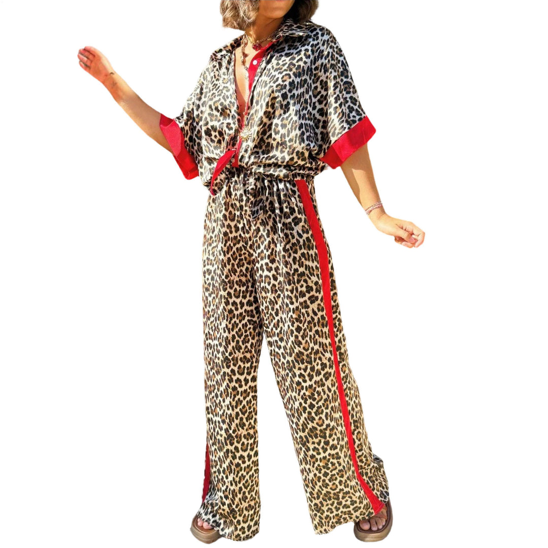 Womens Lounge Set 2 Piece Leopard Print Button Down Shirt with Palazzo Pants Going Out Outfit Streetwear fun