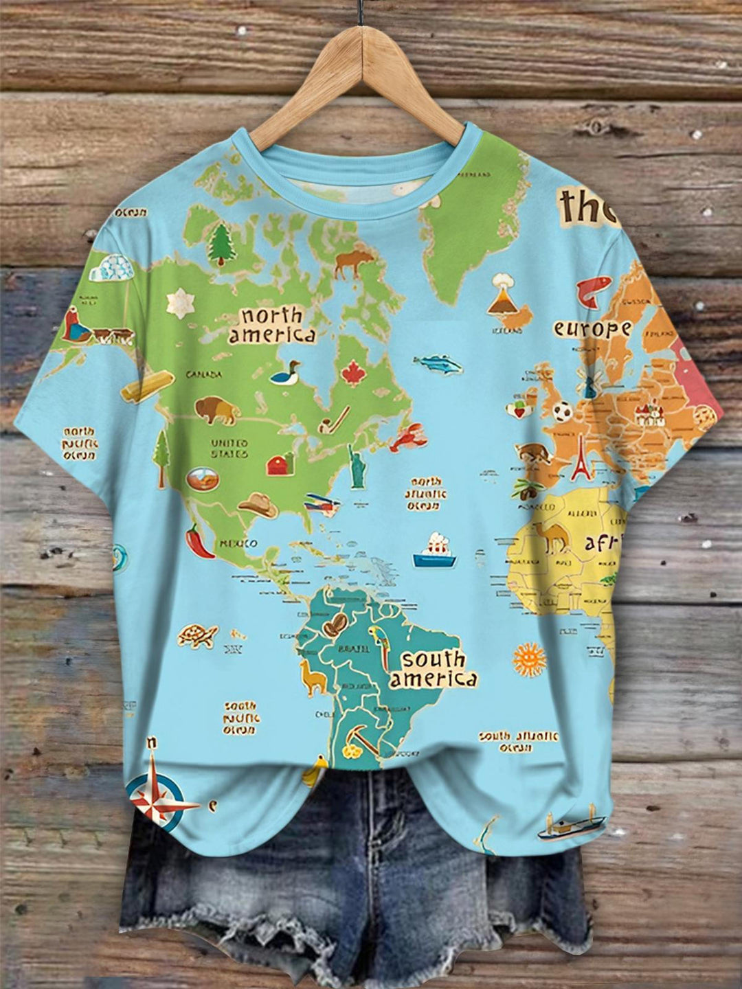 Cute Animal World Map Crew Neck T-shirt