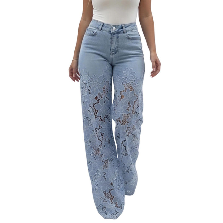 Lace Jeans for Women Hollow Lace Spliced High Waisted Fashion Jeans Loose Fit Denim Pants for Daily Wear exceptional