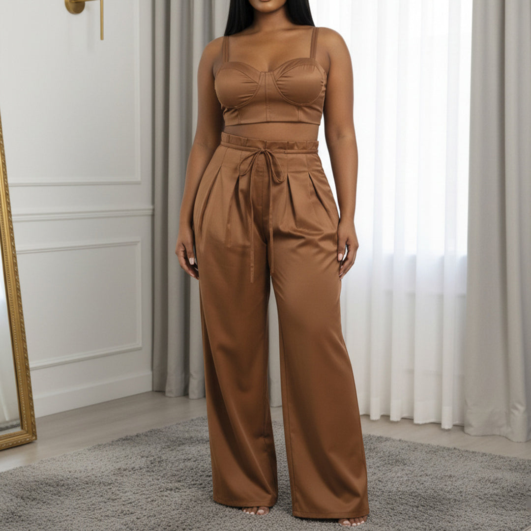 Women's 2 Piece Sets Sleeveless Crop Bustier Tops Wide Leg Casual Trousers with Drawstring for Streetwear premium