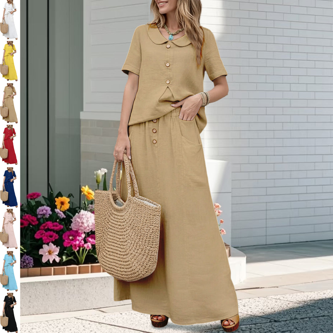 2 Piece Skirt Set Solid Cotton Two Piece Sets Short Sleeve Top and Maxi Skirt Casual Outfit for Daily Wear everywhere