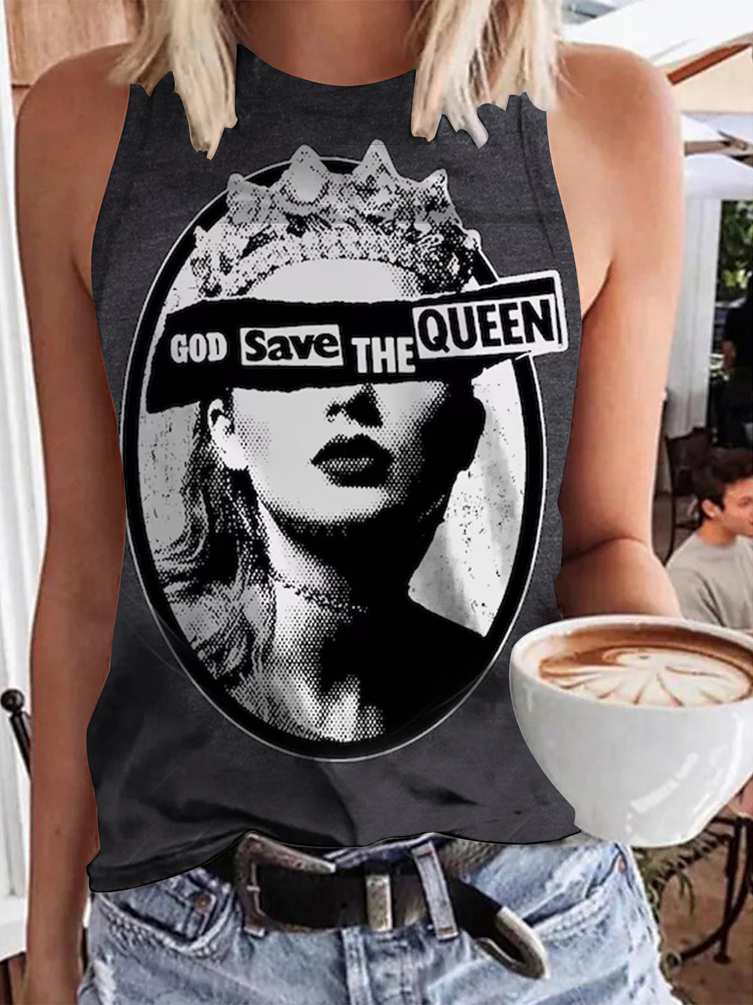 God Save The Queen Print Casual Sleeveless Top