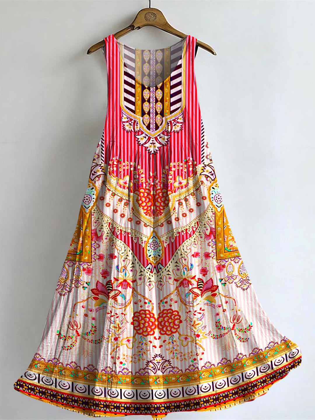 Bohemian Ethnic Floral V-neck Bamboo Linen Sleeveless Dress
