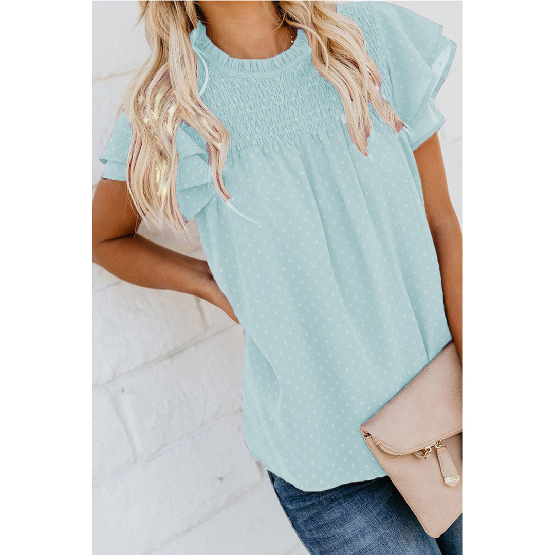 Womens Ruffle Short Sleeve Blouse Dot Smocked Crewneck Summer Flowy Chiffon Shirts Pullover Tops for Travel expedient