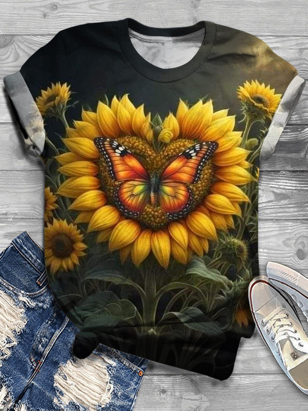 Heart Sunflower Butterfly Crew Neck T-shirt