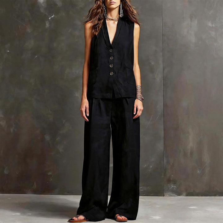 Womens Vest and Pants Set Two Piece Button Down Vest Top and Wide Leg Pants Casual Outfits for Work Travel ideal