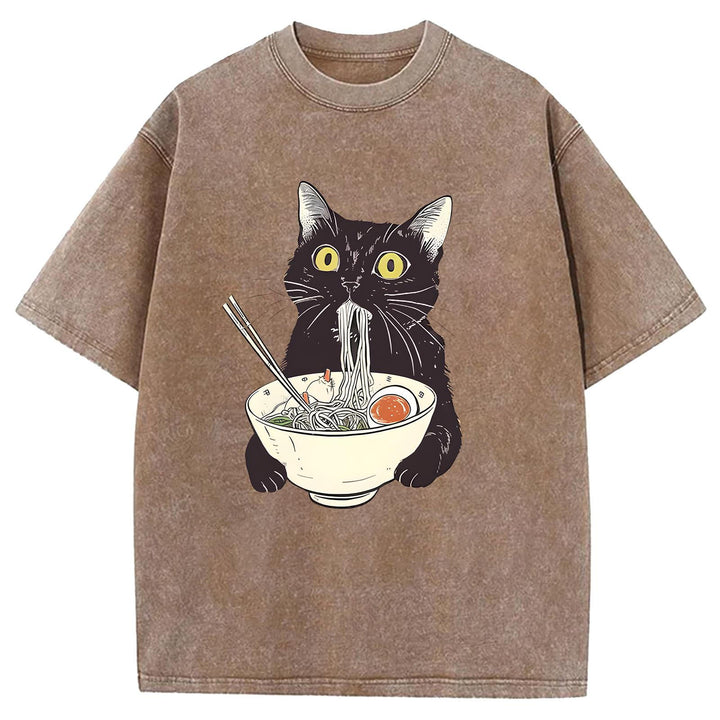 Black Cat Eating Ramen Washed Crew Neck T-Shirt
