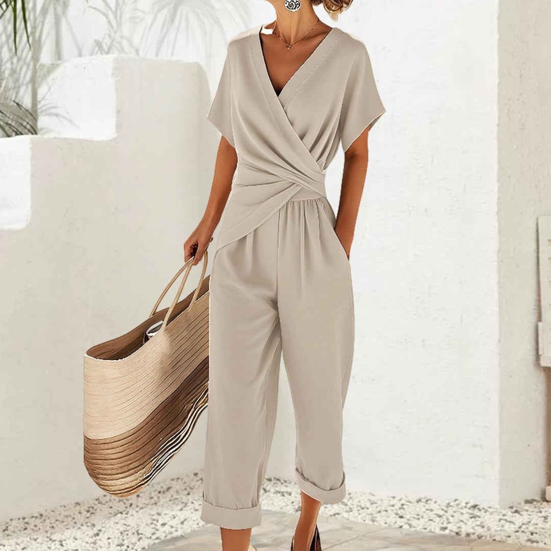 2 Piece Summer Sets for Women Wrap V Neck Side Twist Short Sleeve Solid Top Lounge Pants Outfits for Travel efficient