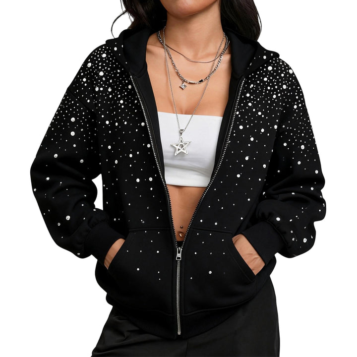 Rhinestone Zip Up Hoodie Zip Up Trendy Glitter Hoodie Unisex Long Sleeve Jackets for Streetwear Going out typical