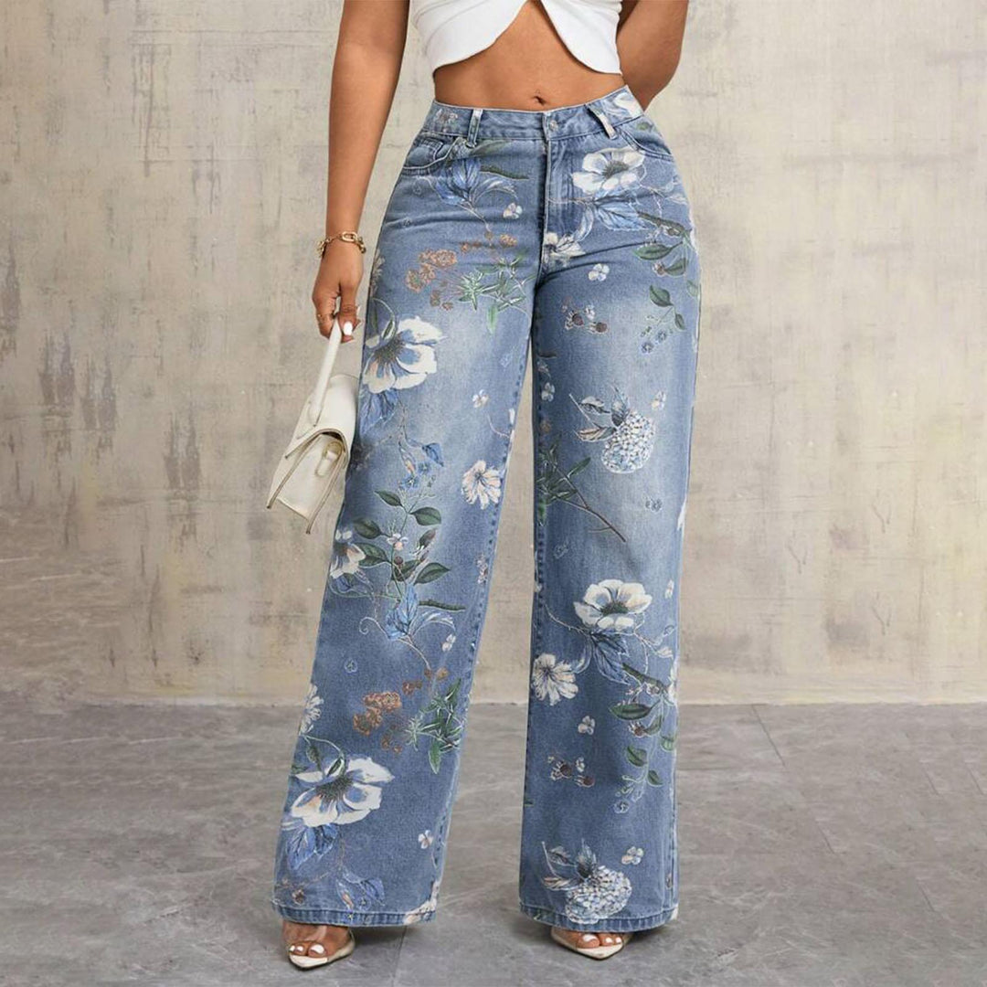 Floral Print Jeans for Women Mid Rise Trendy Jeans Wide Leg Casual Denim Pants with Pockets for Vacation grand