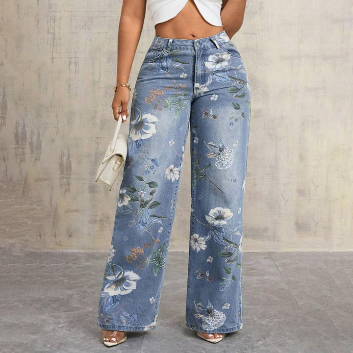 Floral Print Jeans for Women Mid Rise Trendy Jeans Wide Leg Casual Denim Pants with Pockets for Vacation grand