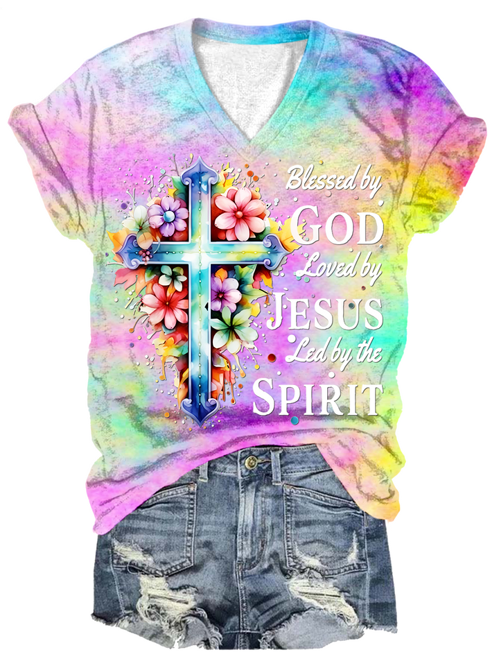Blessed By God Loved By Jesus V-neck T-Shirt