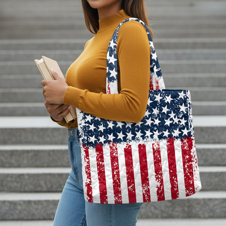 Quilted Tote Bag for Women American Flag Patriotic Handbags with Handles Travel Casual Purse for Vacation practical