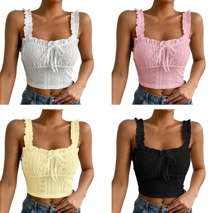 Eyelet Tank Tops for Women Ruffle Ruched Sleeveless Square Neck Tie Front Bust Crop Camisole Tops for Travel excellent