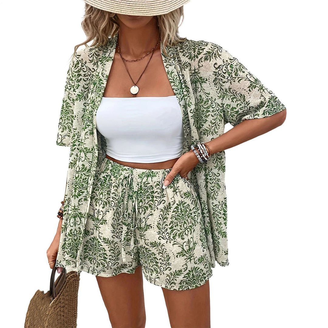 Beach 2 Piece Outfits for Women Boho Floral Leaf Summer Outfits Short Sleeve Shirt Beach Sets for Daily Wear favorable