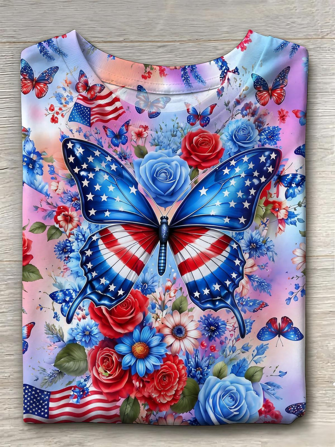 American Flag Butterflies Flowers Independence Day Women's Short Sleeve Crew Neck T-shirt