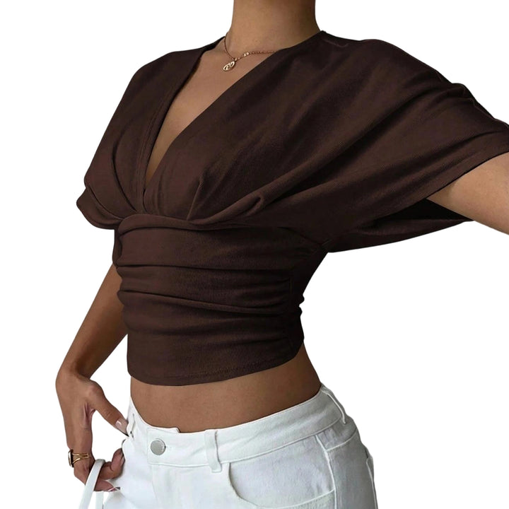 Cinch Waist Tops for Women Ruched Deep V Neck Crop Tops Sexy Summer T Shirts Short Sleeve for Travel Dating original