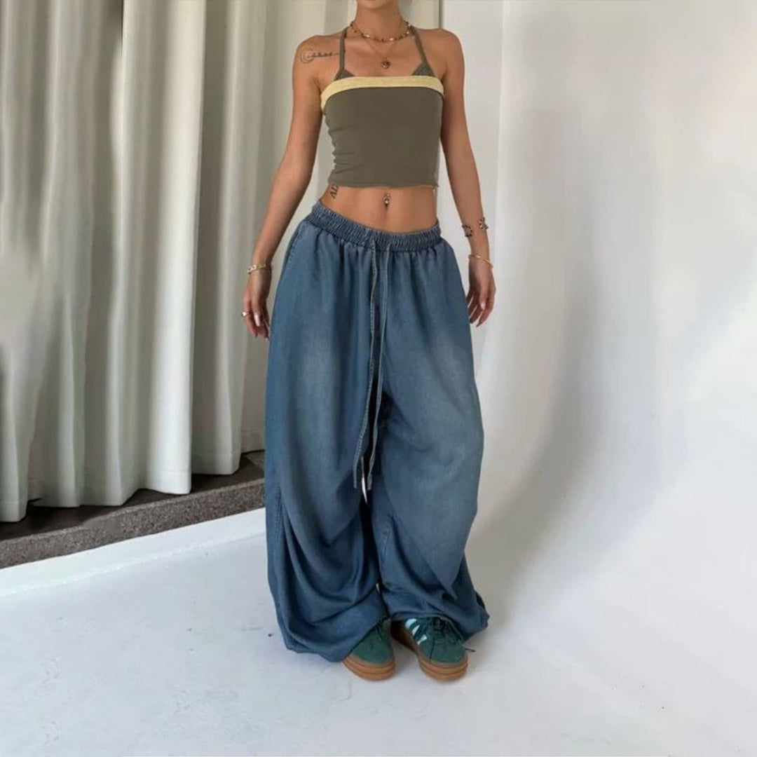 Womens Elastic Waist Jeans Low Rise Vintage Baggy Barrel Jeans Streetwear Loose Fit Denim Pants for Travel candid