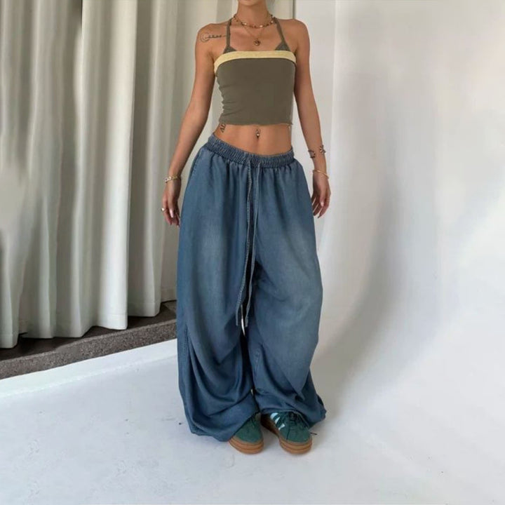 Womens Elastic Waist Jeans Low Rise Vintage Baggy Barrel Jeans Streetwear Loose Fit Denim Pants for Travel candid