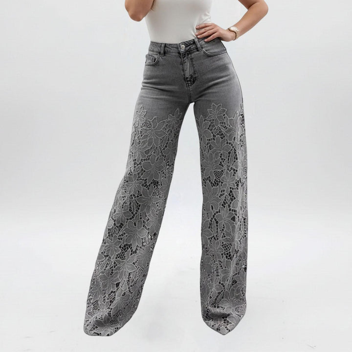 Lace Jeans for Women Hollow Lace Spliced High Waisted Fashion Jeans Loose Fit Denim Pants for Daily Wear exceptional